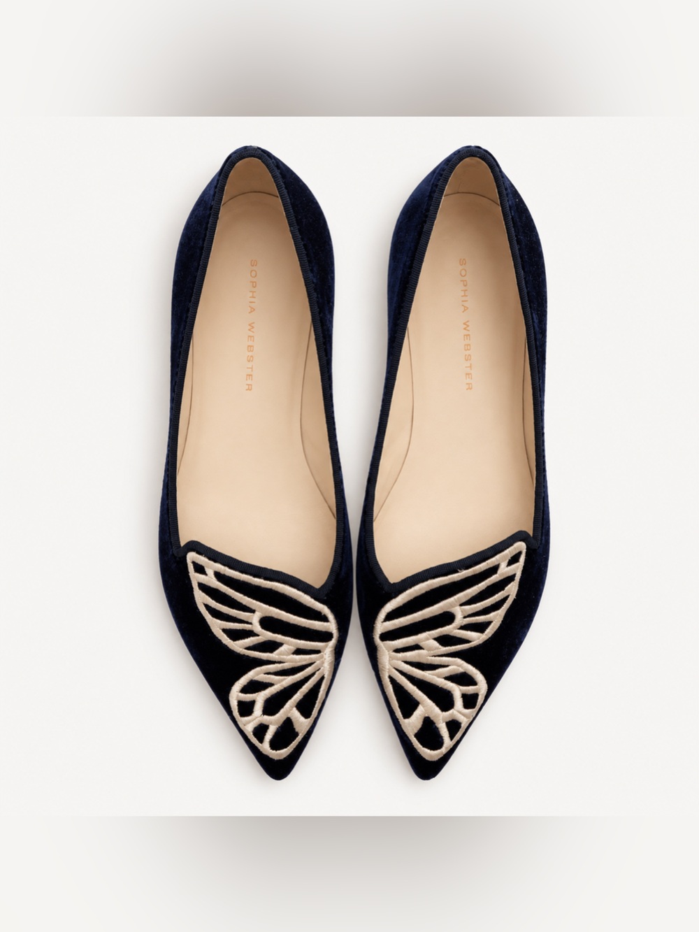 Sophia Webster Bibi Butterfly Navy Velvet Pointed Toe Flats Size 37